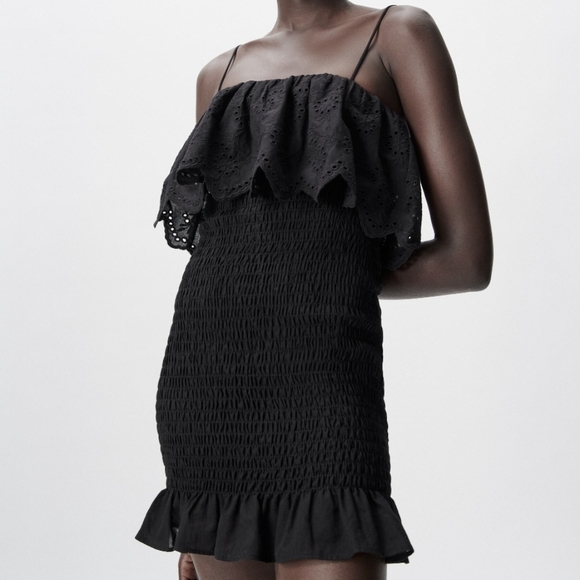 ZARA cotton embroidered smocked dress black xs - Picture 2 of 15